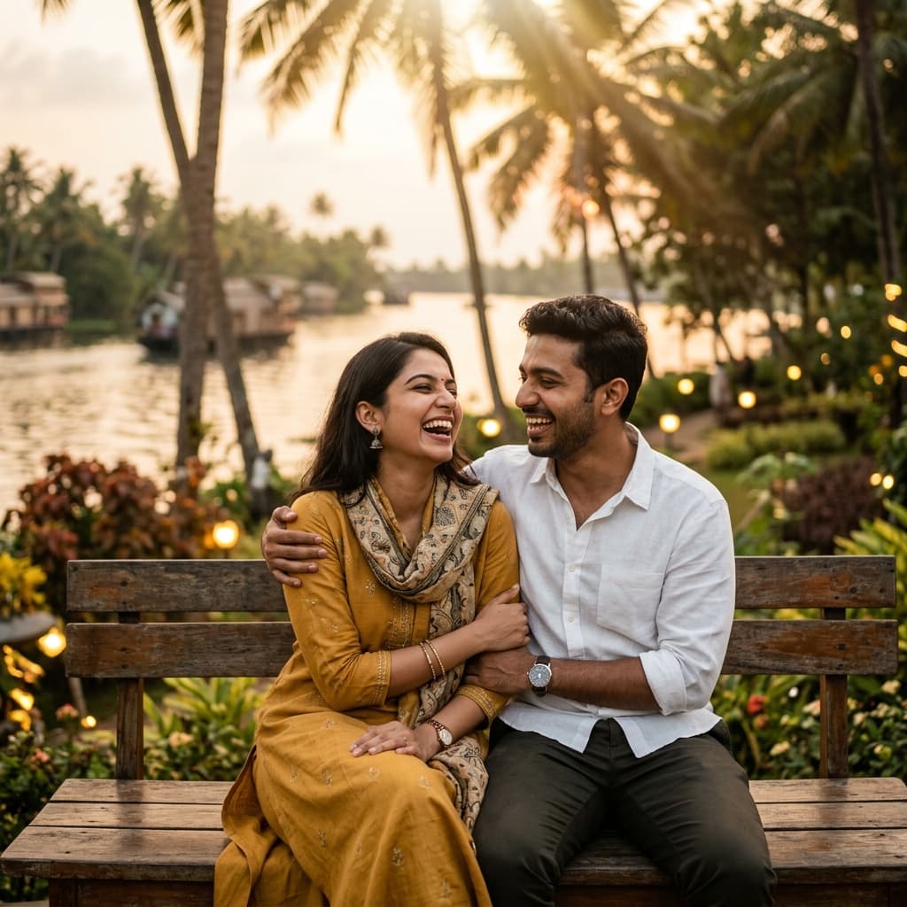 കേരളത്തിലെ പ്രകൃതിരമണീയമായ കായലോരത്ത് സന്തോഷത്തോടെ സംസാരിക്കുന്ന യുവതിയും യുവാവും