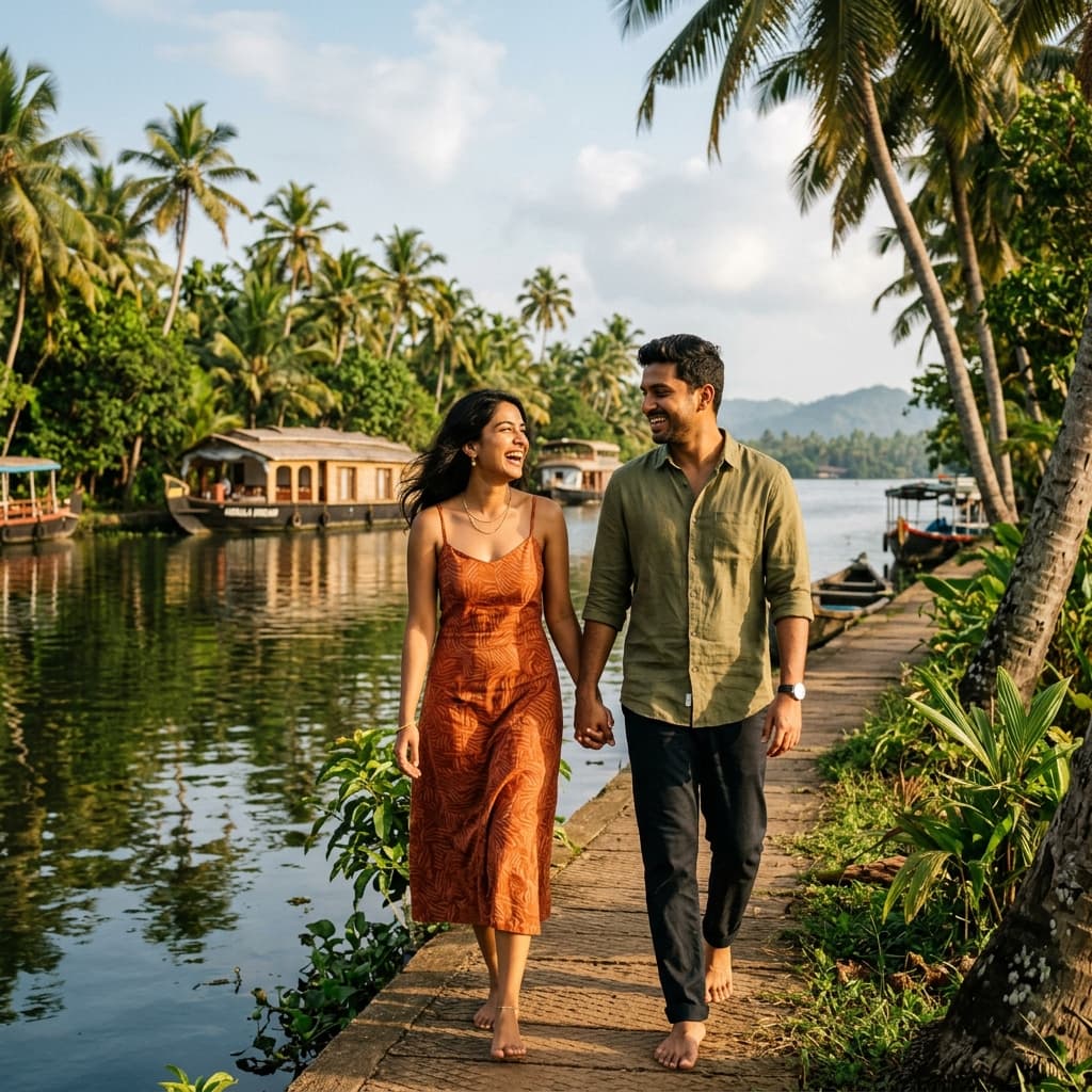 A couple walking peacefully along a scenic pathway in Kerala