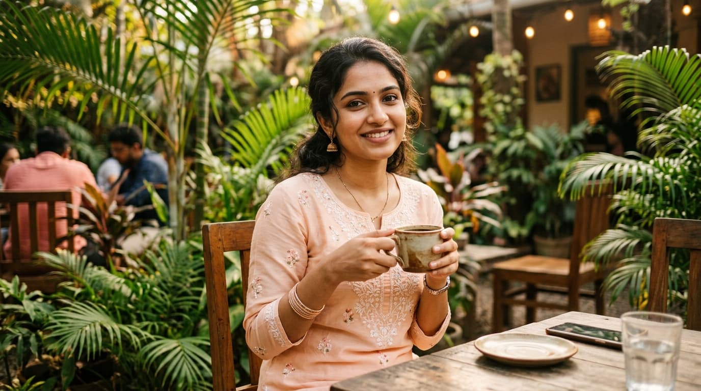 A Malayali woman enjoying coffee in a calm garden cafe in Kerala