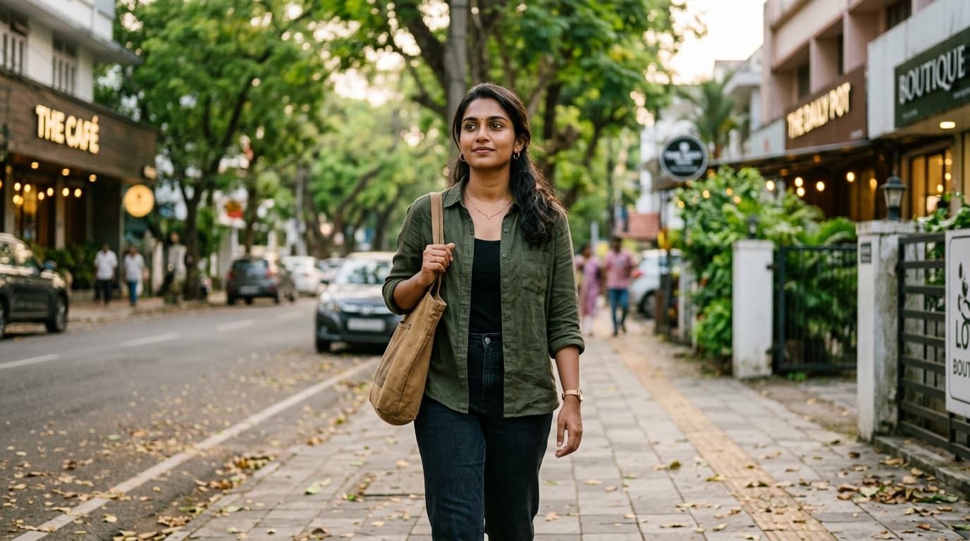A confident young Malayali woman walking thoughtfully along a tree-lined street in Panampilly Nagar, Kochi