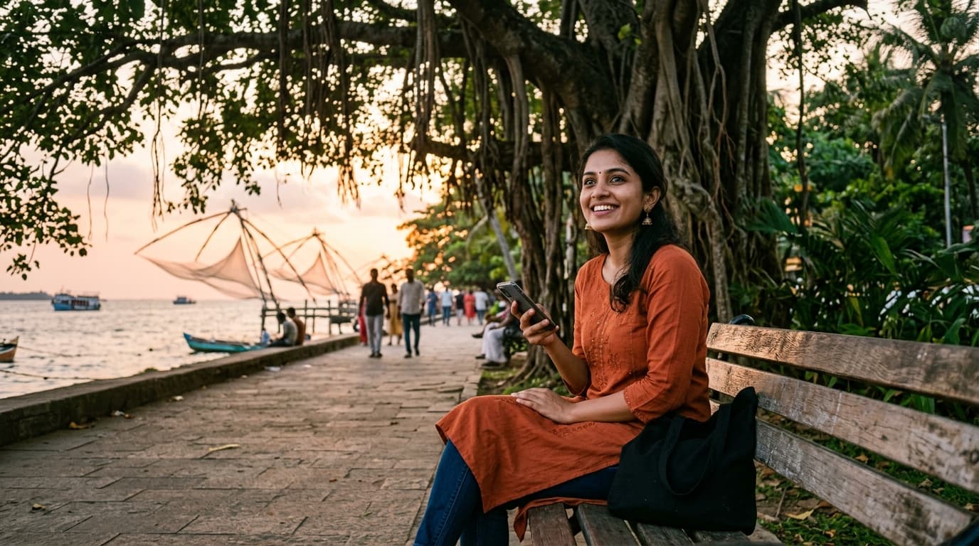 ഫോർട്ട് കൊച്ചി കടൽത്തീരത്ത് ഫോൺ ഉപയോഗിച്ച് പുഞ്ചിരിയോടെ ഇരിക്കുന്ന മലയാളി പെൺകുട്ടി
